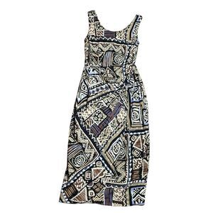 90s Vintage geometric Print Rayon Tie Front Tank Midi Dress black size 9 - 10